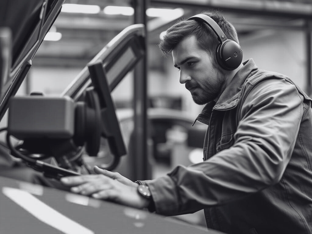 Auto mechanic using modern diagnostic equipment on a vehicle