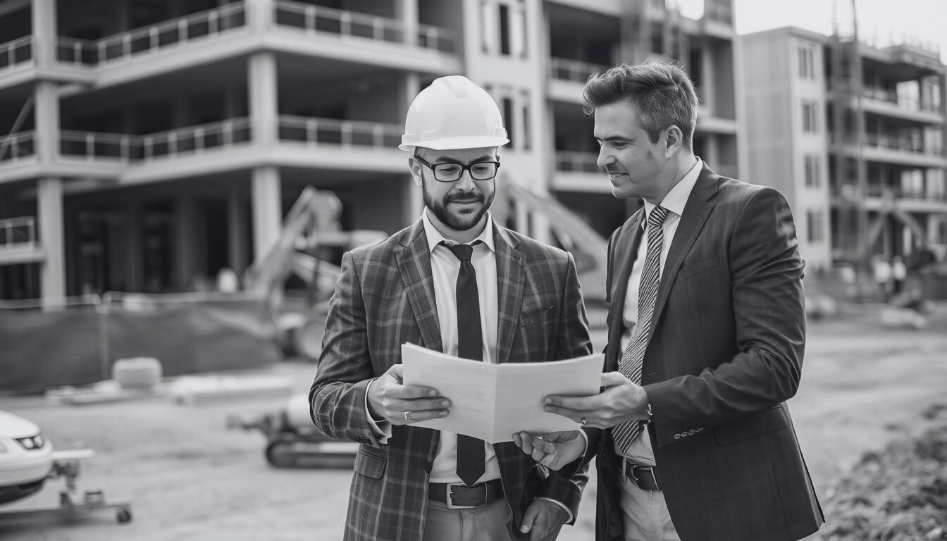 Construction contractor reviewing business loan documents at a job site with equipment in background
