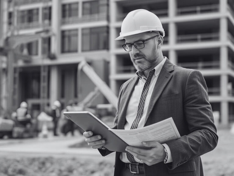 Construction business owner comparing different loan options on a tablet while at a construction site