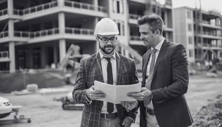 Construction company owner reviewing loan documents with financial advisor at construction site